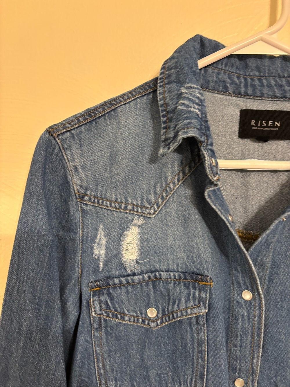 Risen Denim Shirt Women M Distressed Raw Fringe Hem Western Button Up - Picture 7 of 9